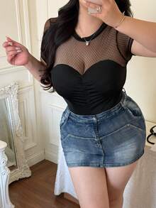 Vibekara Women's Black Polka Dot Patchwork Cropped Top, Sexy Mesh Sheer See-Through T-Shirt - Black - View 7