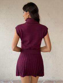 SHEIN Tall Autumn/Winter New High Collar Knit Top + Knitted Blend Midi Skirt 2 Pieces Set For Women Christmas Red Burgundy - Red - View 2