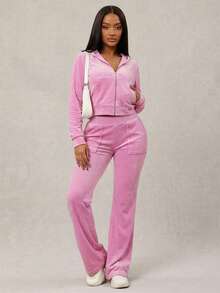 Radiana Bộ đồ hai mảnh nhung màu hồng cổ điển ôm sát, gợi cảm dành cho nữ: Áo khoác có khóa kéo + Quần ống rộng, thoải mái và mềm mại, phù hợp cho mặc thường ngày, thể thao, ở nhà và ngoài trời. - Hồng - Xem 5