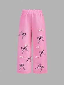 2 Stücke/Set Kleine Mädchen Weißes T-Shirt mit Schleifen Muster & Rosa Blumen Muster Hose, Lässig, Modisch, Vielseitig, geeignet für Ausflüge, Schwester Fotoshootings, Parkbesuche, Camping, Urlaub, Alltags Lässig Tragen - Verschiedenfarbig - Übersicht 6