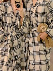 Japanese Nightgown Girl Spring And Autumn New Long-Sleeved Simple Casual Nightgown Long Kimono Ins Style Home Clothes - Apricot - View 10