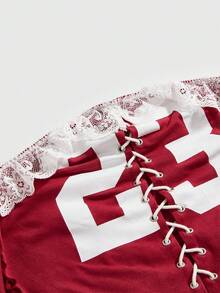 ROMWE Avant Sports Style Numeric Print Lace-Up Reversible Fitted Women Tank Top - Red - View 4