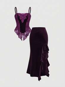 ROMWE Goth Áo hai dây phối ren tương phản bằng nhung màu tối chủ đề Halloween, kết hợp với chân váy đuôi cá. - Màu tím - Xem 1