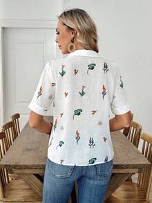 Louniche 标准尺码女士休闲印花简约短袖衬衫 - 白色 - 查看 2