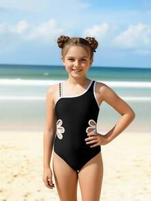 少女黑白撞色镂空吊带弹力可爱简约优雅连体泳衣，夏季 - 彩色 - 查看 7