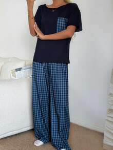 Dream Adore Bộ đồ ngủ tay ngắn in họa tiết kẻ caro thường ngày dành cho nữ - Màu xanh hải quân - Xem 5