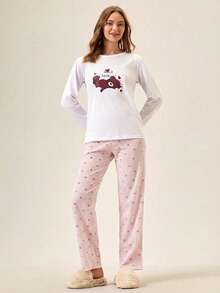 Loomlin 棉质女士可爱熊和心形图案长袖和裤子家居服舒适睡衣套装 - 白色 - 查看 4