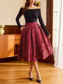 Vintamour 复古经典优雅女士半身裙，修身提花酒红色半身裙，带口袋，秋冬红色半身裙，女士图案半身裙，玫瑰印花中长半身裙，春季女士半身裙 - 酒紅色 - 查看 6