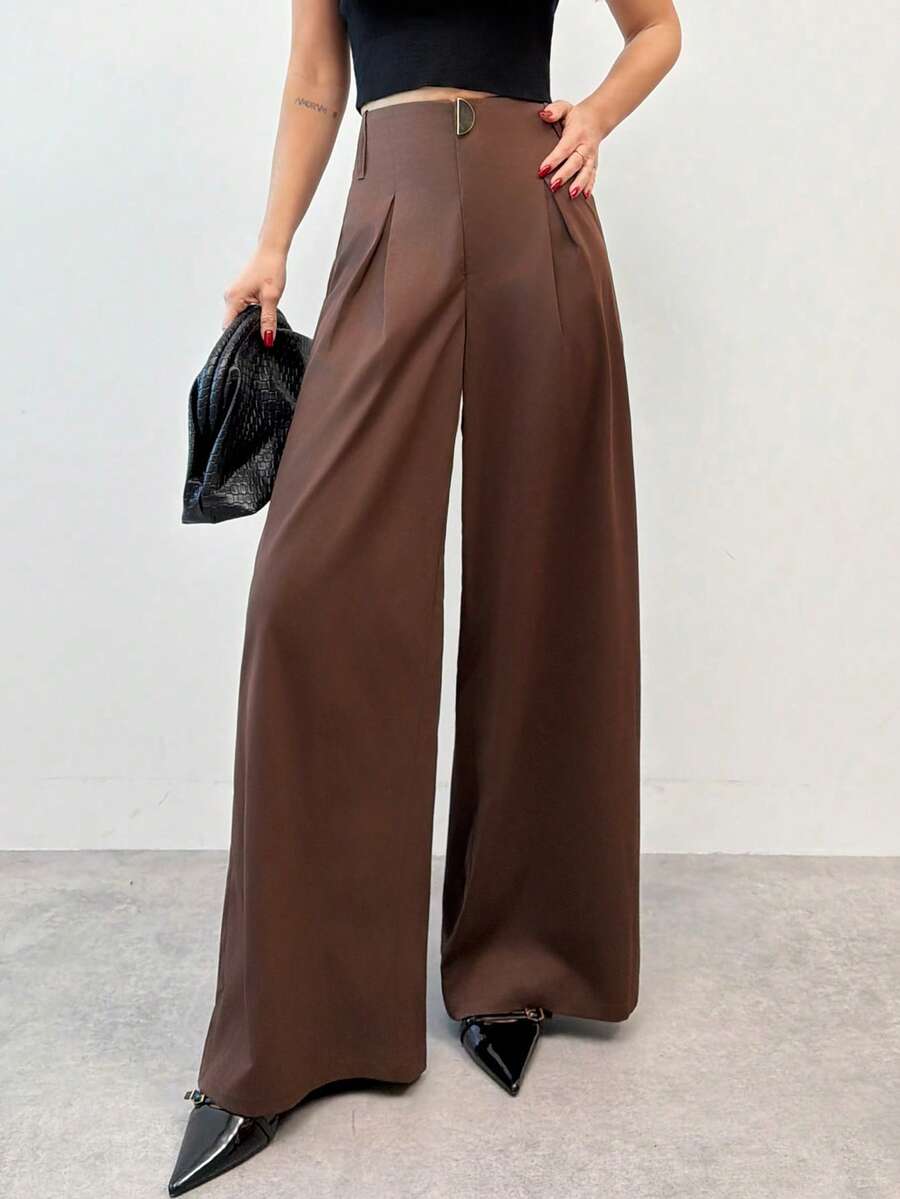 Firerie Women's Elegant Graduation Boho Style Wide Leg Pants With Metal Buckle - Coffee Brown - View 1