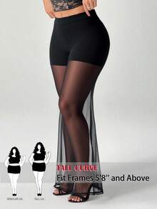 SHEIN Tall CURVE Celana Panjang Wanita Ukuran Besar Warna Cokelat untuk Musim Panas Gaya 70-an, Cocok untuk Pesta, Gym, Rave, dan Rave, Model Flare-Leg Transparan dengan Patchwork Jala, Pinggang Tinggi, Pas untuk Liburan - Hitam - View 1