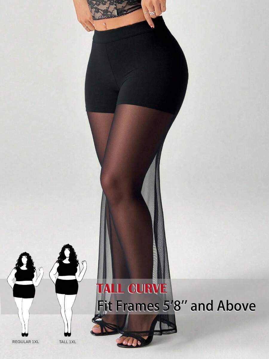 SHEIN Tall CURVE Celana Panjang Wanita Ukuran Besar Warna Cokelat untuk Musim Panas Gaya 70-an, Cocok untuk Pesta, Gym, Rave, dan Rave, Model Flare-Leg Transparan dengan Patchwork Jala, Pinggang Tinggi, Pas untuk Liburan - Hitam - View 1