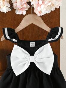 SHEIN Đầm tay ngắn màu đen trắng thanh lịch và dễ thương với nơ thắt cổ cho bé gái - màu đen - Xem 7