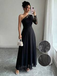 Modelyn Abito elegante da donna in stile francese, con spalla scoperta, in maglia nera con pizzo a contrasto e arricciature - nero - Visualizzare 2