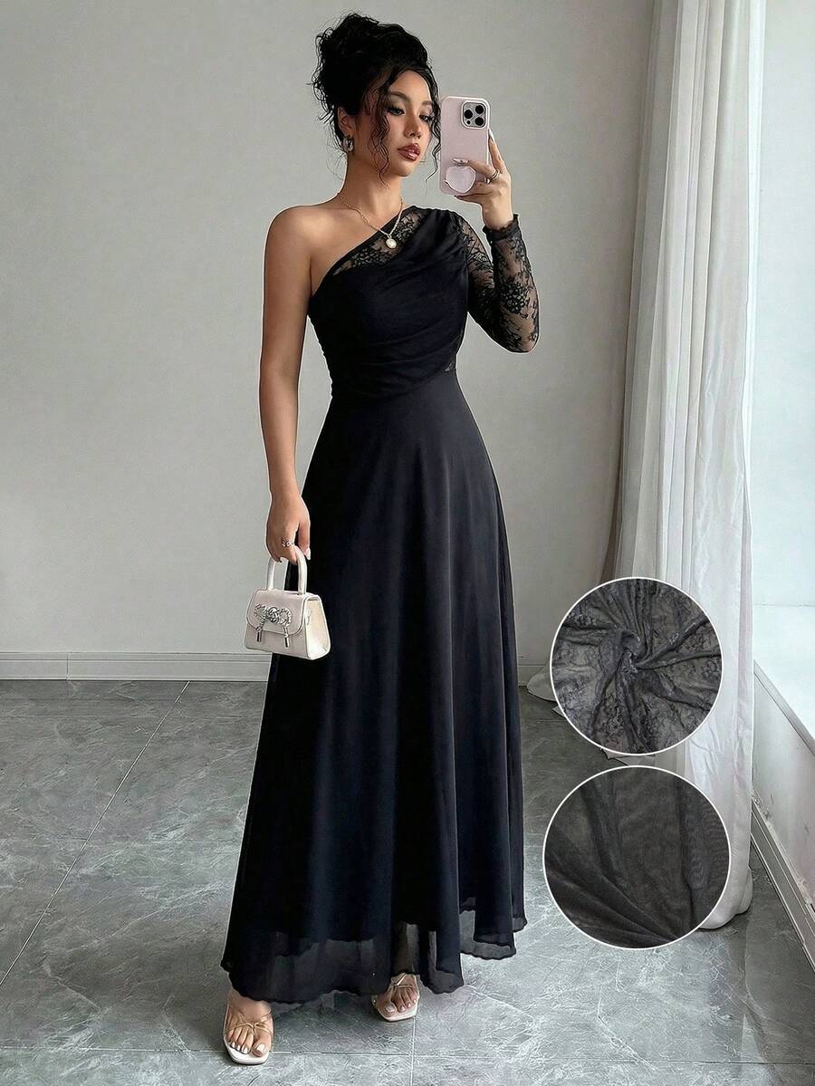 Modelyn Abito elegante da donna in stile francese, con spalla scoperta, in maglia nera con pizzo a contrasto e arricciature