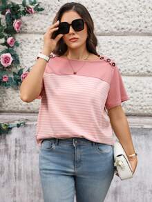 Miaspire Plus Size Women Button Design Striped Patchwork Round Neck Short Sleeve Casual T-Shirt For Summer/ Vacation,Pink Tops, Going Out Tops - Pink - View 6