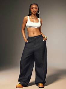 Denimoi Barrel Leg Adjustable Ankle Baggy Jeans Fashionable Streetwear Barrel Jeans Balloon Jeans - Dark Wash - View 6