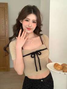 FRIFUL 2 piezas Suéter de punto de mujer con contraste de color y decoración de lazo en el pecho, conjunto de jersey casual versátil de ajuste ceñido - Beis - Ver 6