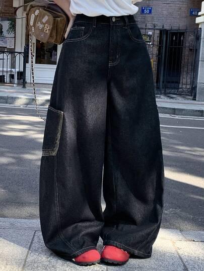 DAZY Women's Regular Waist Leopard Print Patchwork Pocket Decor Loose Straight Leg Casual Jeans