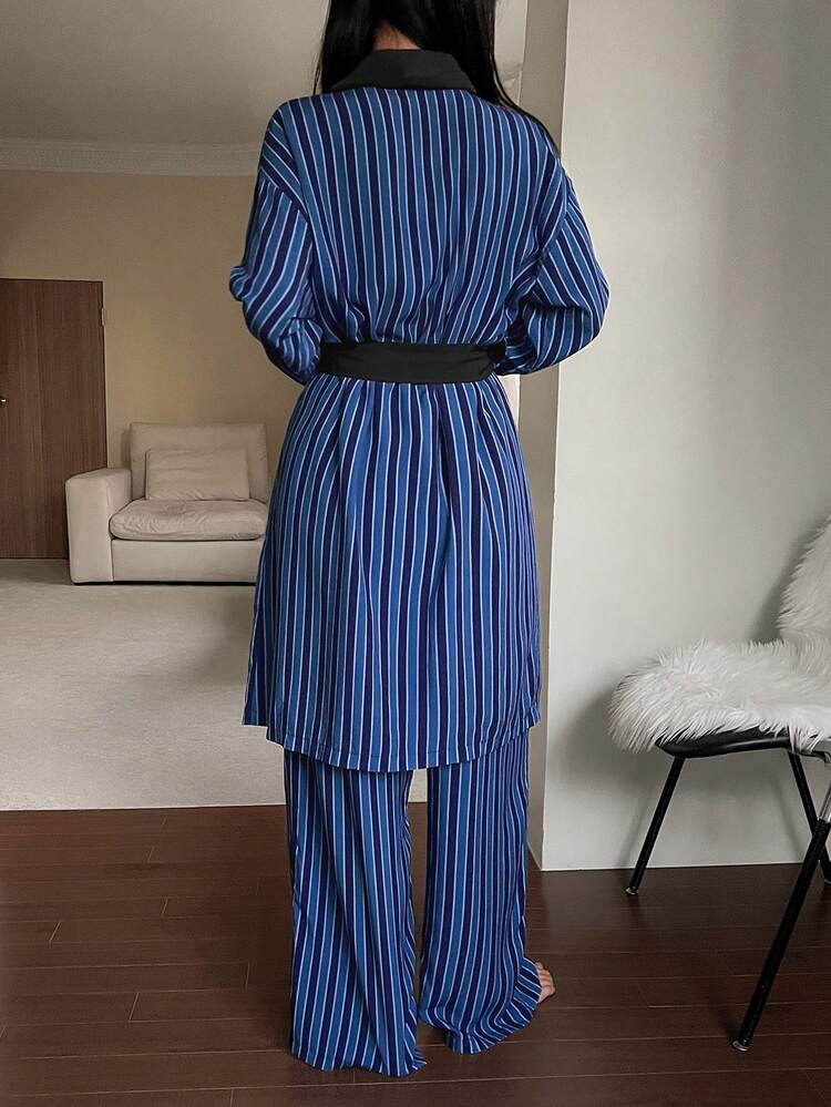 3pcs/Set Striped & Lace Patchwork Robe, Camisole, And Pants Women Sleepwear Set