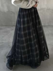 FRIFUL 女士春夏格子拼接薄纱A字宽松休闲百搭半身裙 - 黑色 - 查看 5