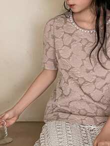 DAZY 少女圆领仿珍珠装饰花卉图案时尚百搭日常短袖上衣 - 卡其色 - 查看 10