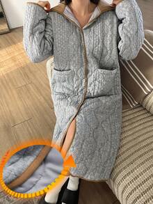 DAZY Women's Thick Quilted Cable Textured Loose Fit Robe, Winter - Grey - View 4