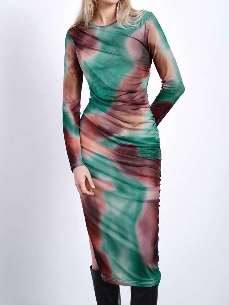 SHEIN Maija Women Fashion Tie Dye Print Color Matching Round Neck Long Sleeve Elegant Romantic Dress, Ruched Side Waist Design, Ideal For Spring/Summer, Valentine's Day, Holiday, Vacation Festival