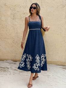 SHEIN Frenchy Đầm slip nữ mùa hè kiểu dáng thường ngày, thêu họa tiết cây cỏ, thắt eo. - Màu xanh hải quân - Xem 7