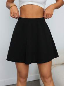 SHEIN PETITE High Waist Textured Flare Skirt Winter Black Elegant - Black - View 4