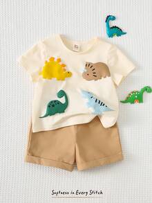 Cozy Pixies Set de 2 piezas con parte superior de manga corta de cuello redondo suave y pantalones de cintura elástica con estampado de dinosaurio de dibujos animados para bebé niño - Multicolor - Ver 3
