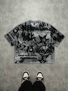 Manfinity ZONE917 男士宽松涂鸦骷髅印花短款T恤 - 彩色 - 查看 1