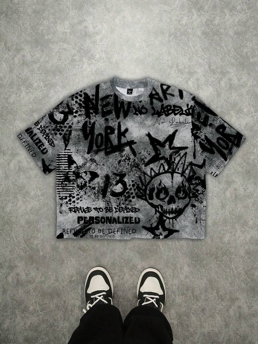 Manfinity ZONE917 男士宽松涂鸦骷髅印花短款T恤 - 彩色 - 查看 1