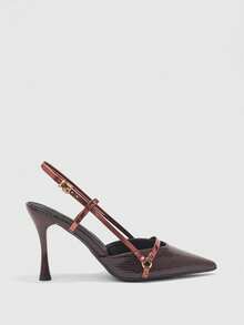 CUCCOO BIZCHIC 女士时尚露跟高跟鞋，T字带设计，纹理尖头，优雅中跟鞋 - 酒紅色 - 查看 2