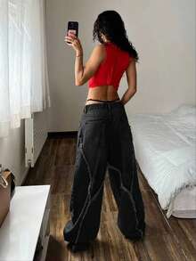 SHEIN EZwear 大码女式复古水洗牛仔裤，秋冬款 - 黑色 - 查看 2