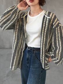 FRIFUL Women's Round Neck Open Front Textured Fabric Jacket - Beige - View 8