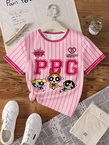 THE POWERPUFF GIRLS X SHEIN 少女休闲日常通勤时尚街头条纹花朵、泡泡、毛茛图案短袖T恤，夏季 - 白色 - 查看 3