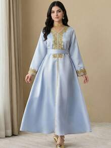 SHEIN 少女V领长袖喇叭袖花卉蕾丝边连衣裙 复古优雅浅蓝色长裙 - 淺藍色 - 查看 3