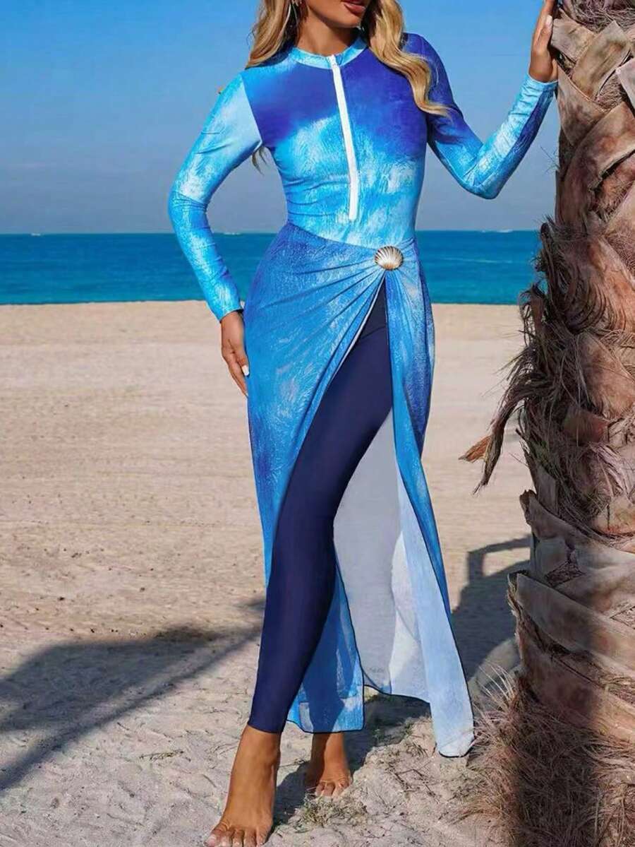 Swim Mulvari 3pcs Women's Tie-Dye High Neck Long Sleeve Zipper One-Piece Swimsuit With Pants, Shell Net Mesh Skirt, Middle East Beach Cruise Vacation Swimwear, Sun Protection Casual Beach - Blue - View 1