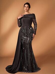 Serin 大码优雅奢华咖啡色露肩礼服，饰有串珠和亮片，褶皱袖，鱼尾裙摆，适合婚礼、派对、度假、舞会、新娘母亲晚礼服 - 咖啡棕 - 查看 5