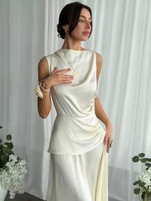 Aloruh Đầm dự tiệc bằng vải satin màu mơ, kiểu quấn, thắt eo, xếp ly vai dành cho nữ. - Màu be - Xem 4