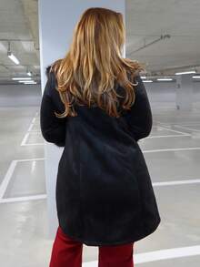 MelDlgn 大码黑色 Y2K 束腰 A 字形仿毛领长款大衣，秋冬 - 黑色 - 查看 2