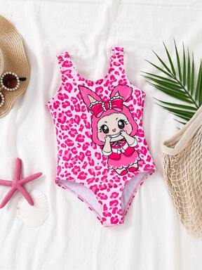 SHEIN Cute Doll & Leopard Print Sweet Casual Tankini Swimsuit, Suitable For Summer