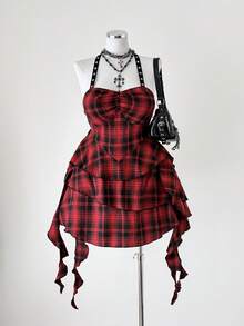 Sunspun Sexy Backless Asymmetrical Plaid Mini Dress, Fitted Design, Fashionable, For Spring/Summer - Red - View 4