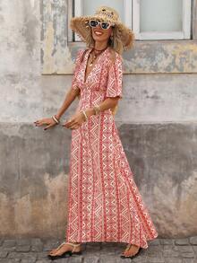 Brillora 女士V领露背波西米亚风几何印花休闲度假连衣裙，春夏款 - 彩色 - 查看 3