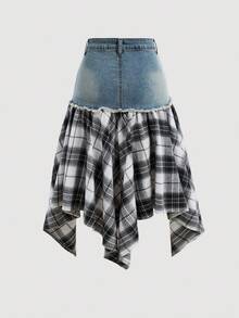 Girlism 少女蓝色牛仔拼接黑白格子不对称中长裙 - 深色水洗藍 - 查看 3
