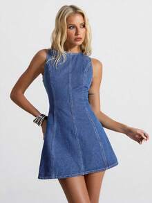 Jeanoix Đầm denim nữ màu trơn, hở lưng, thắt nơ, không tay, kiểu dáng thường ngày. - Rửa nhẹ - Xem 7