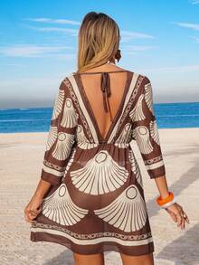 Swim Lushoire Women's Spring/Summer Beach Dress, Floral Print V-Neck Waist Cinched Vacation Dress, Cover-Up Set Bathing Suits With Coverup Swimwear Coverups Beach Vacation Dress Bikini Cover Up Dress Beach Coverup Women - Coffee Brown - View 2