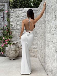 Aloruh Women's Elegant Sexy Fashion Casual Beach Vacation Romantic Date Backless Halter Tie Long Dress, Spring/Summer - White - View 2