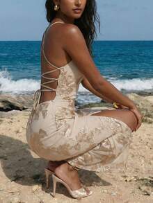 Nevyona 女士碎花露背系带长裙，休闲度假/派对装扮 - 淡黃色 - 查看 2