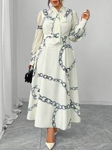 Elenzga 大码女式印花长款连衣裙，网纱长灯笼袖，褶裥喇叭裙摆，蝴蝶结装饰，优雅迷人，适合中东、欧洲、美国风格的度假、情人节派对、朋友聚会、正式鸡尾酒会、下午茶、度假等场合，杏色长款连衣裙 - 彩色 - 查看 4